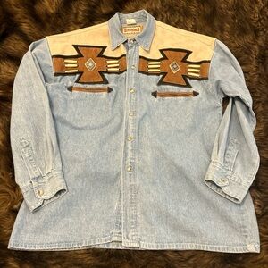Vintage 90s RiverGold Shirt Denim Western Pearl Snap Buttons Suede